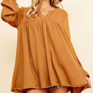 Jenni Lynn | Latte Sips Orange-Brown Babydoll Long Sleeve Knitted Tunic Size L